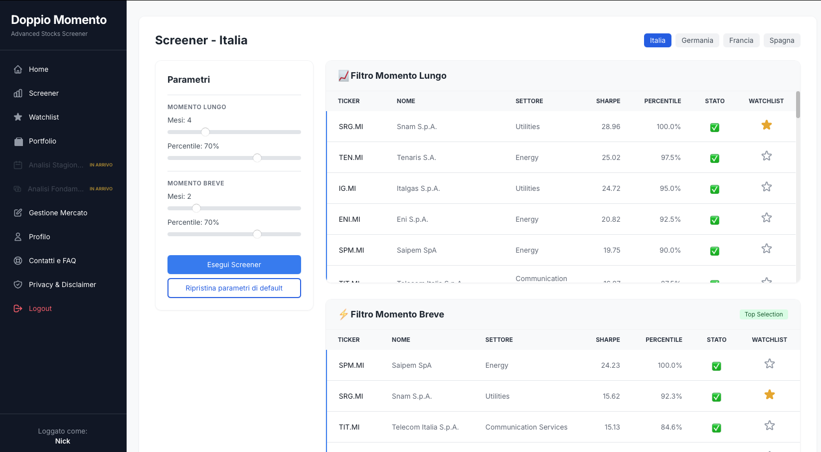 Doppio Momento Dashboard Interface